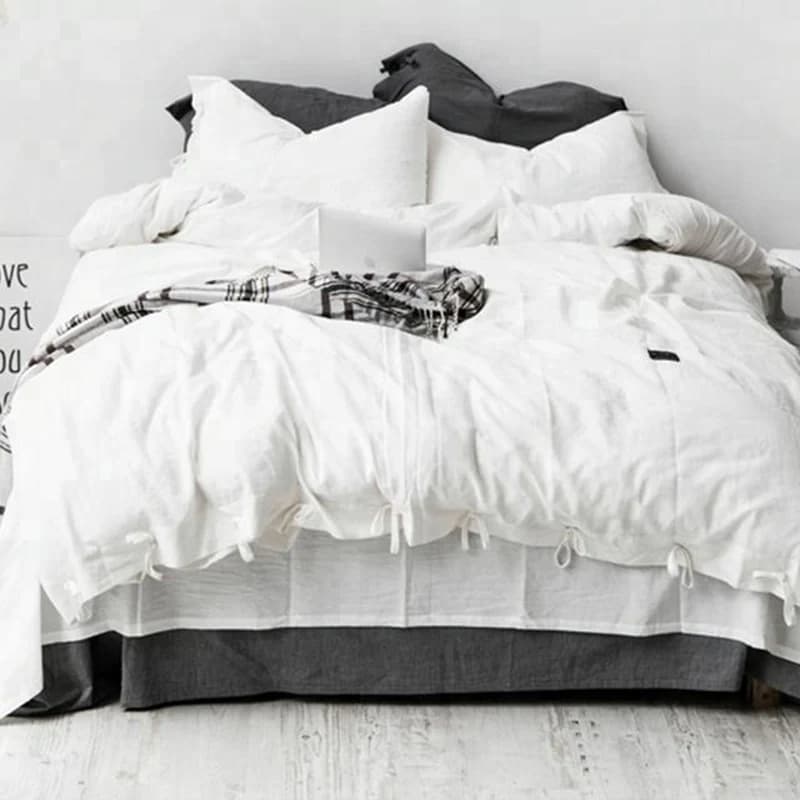 Pure Linen Bowknot Bow Tie Ribbon Bedding Set White Butterfly Bowtie Duvet Cover and Pillowcase Single Twin Full Queen King Size