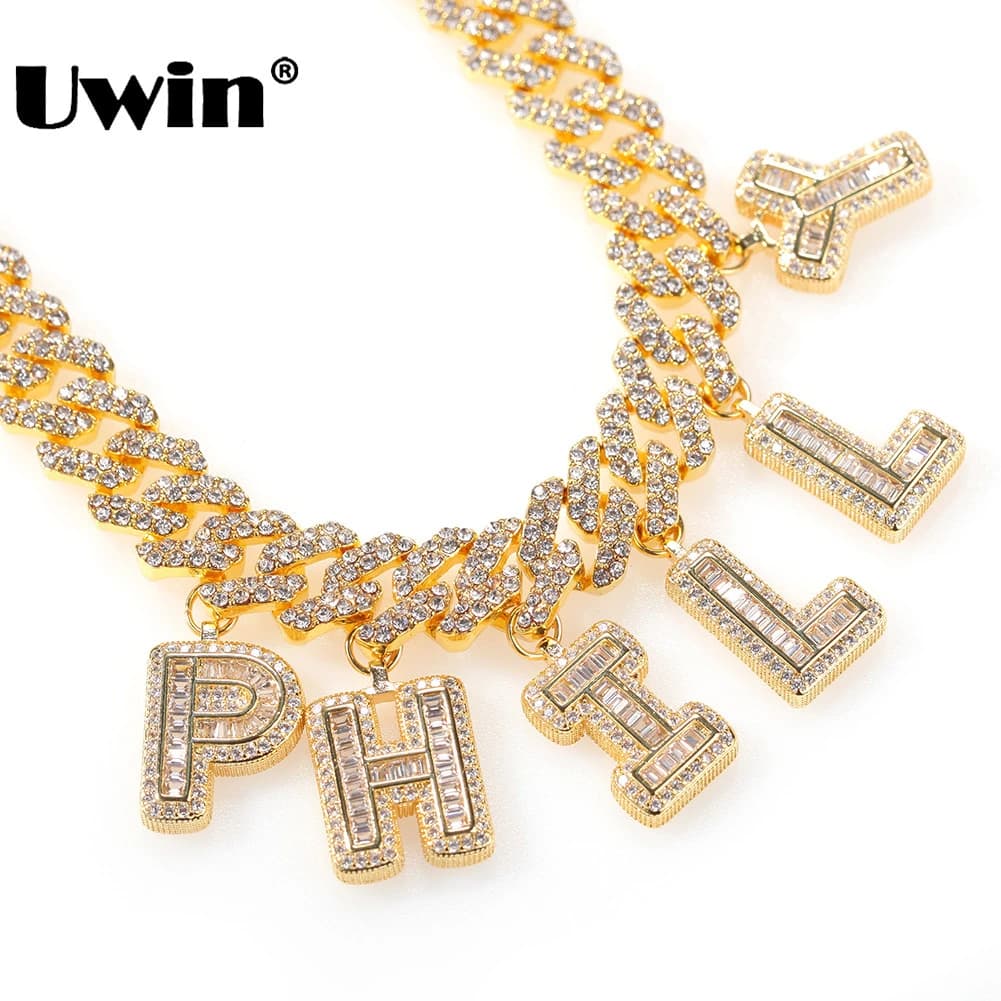 UWIN DIY Baguettecz Letter Necklace & Bracelet for Men Women 12 MM S-Link Miami Cuban Chains Fashion Hip Hop Jewelry for Gift