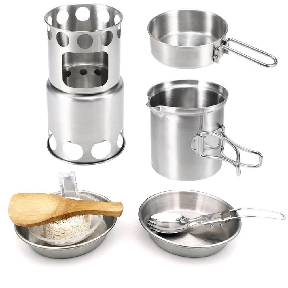 Camping Pot Set Manico Pieghevole di Campeggio Pentole Stufa A Legna In Acciaio Inox 304 Cuoco Kit Pentolame E Utensili Per Cucinare Da Trekking Outdoor Picnic