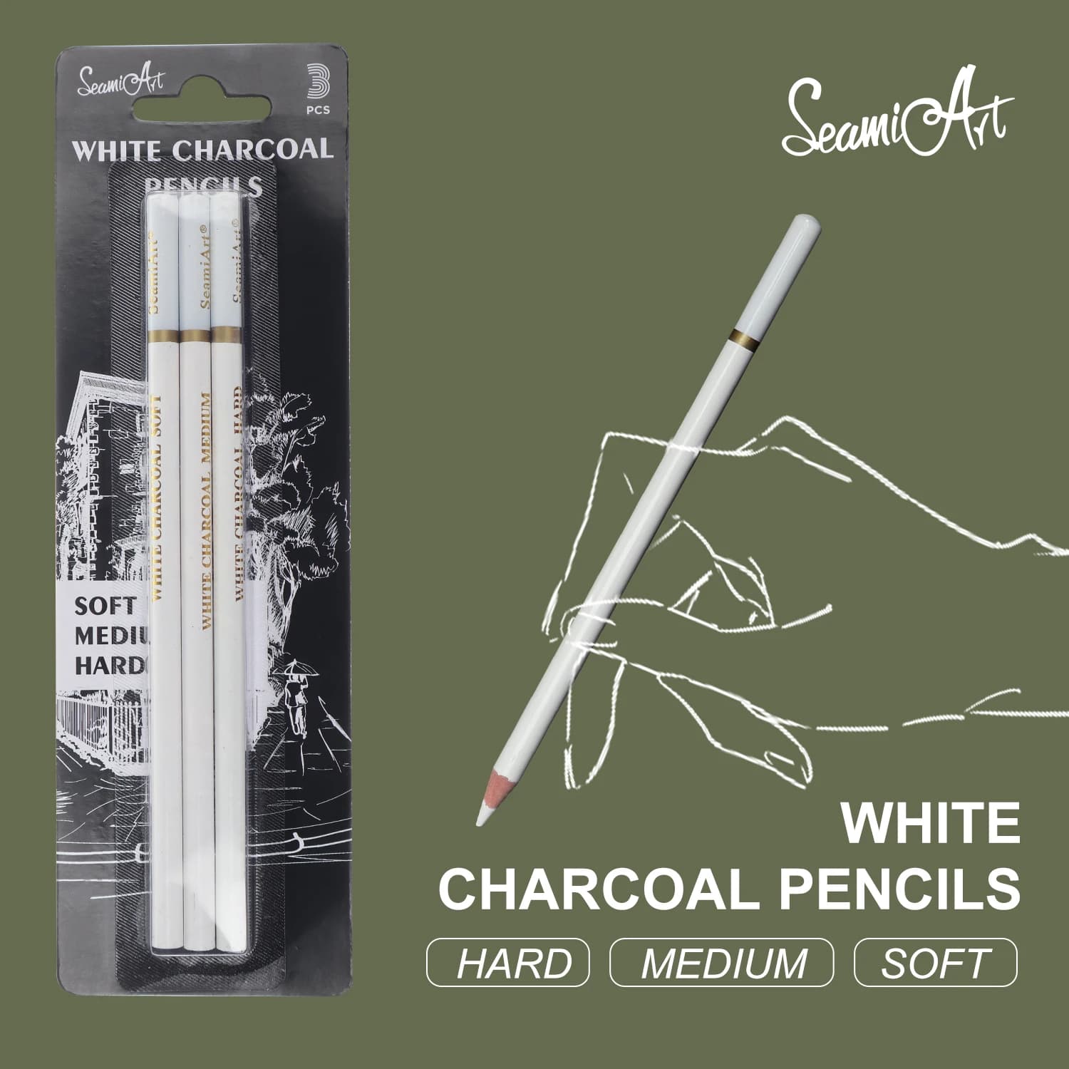 SeamiArt 3 pezzi matita a carboncino bianca morbida/media/duro per schizzo penna in carbonio schizzo strumenti artistici materiale scolastico per ufficio matite