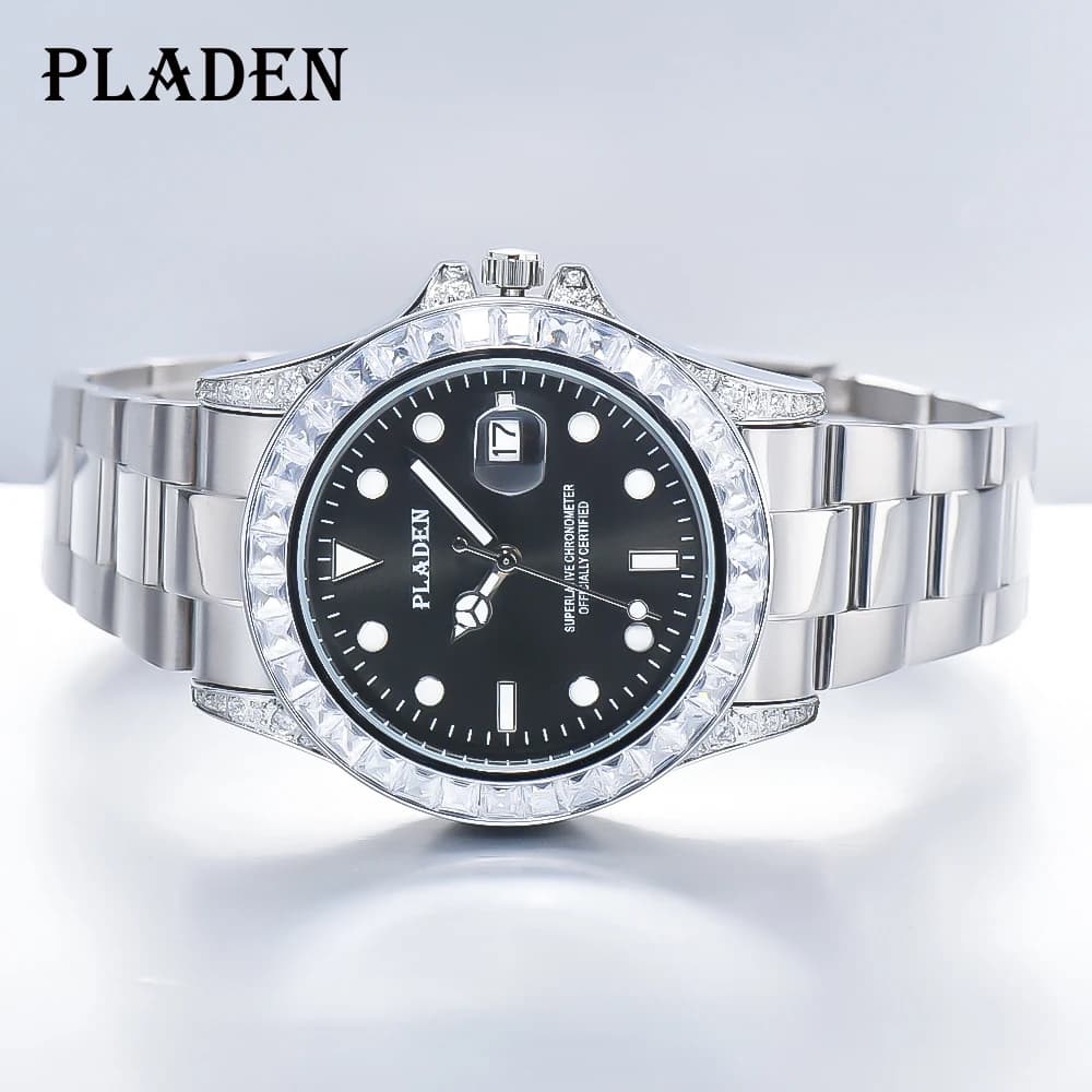 PLADEN Silver diamond Bezel orologi Luxury Sapphire Glass Automatic Date Watch orologio al quarzo Vintage in acciaio inossidabile Dropshipping