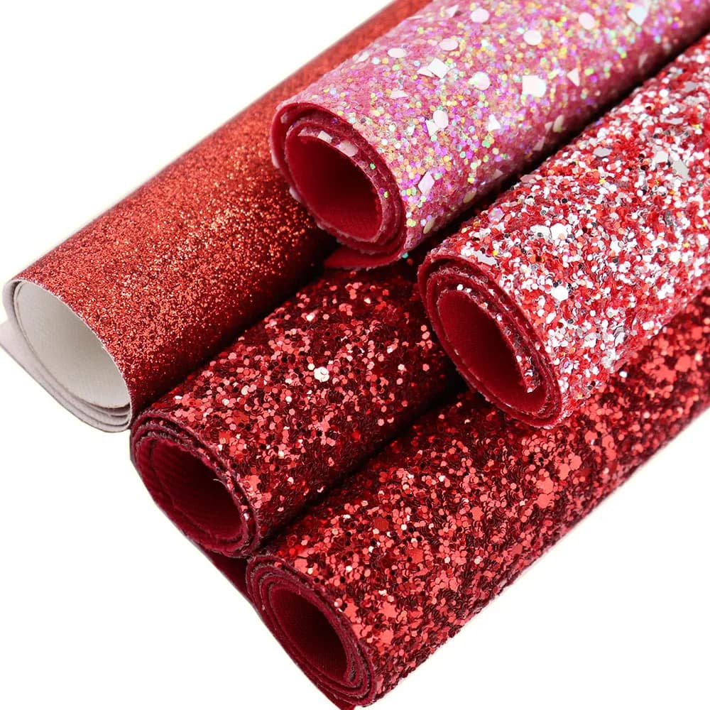 Rotolo di Tessuto Glitterato Rosso Puro 30x134cm con Fondo Elastico/Twill Morbido, Similpelle per Cucito Fai da Te DT002