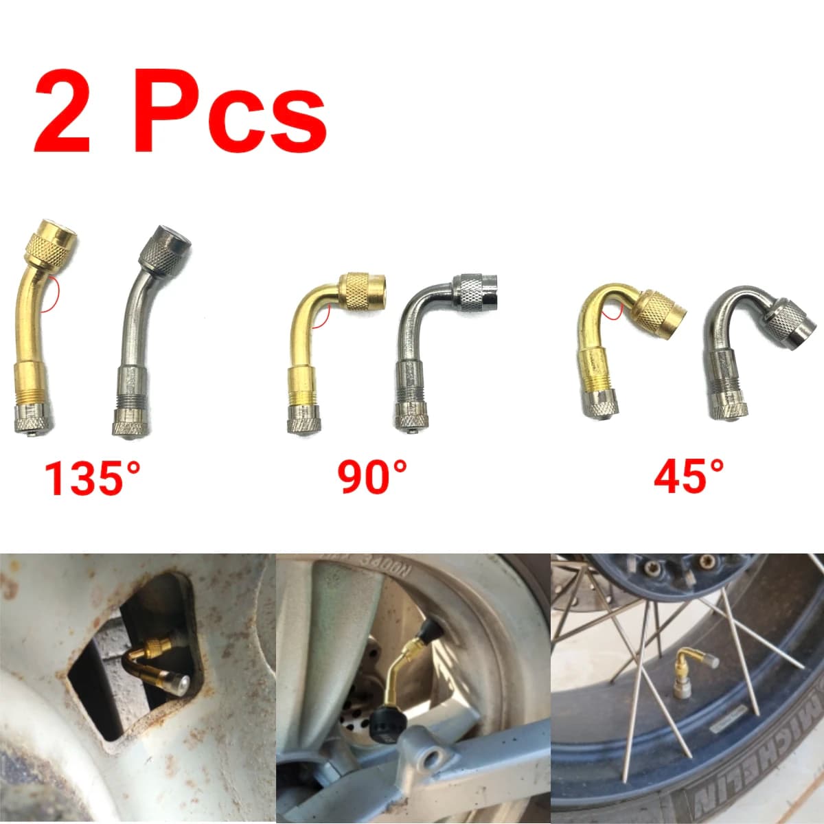 2 pezzi moto ottone 45 90 angolo di 135 gradi piegato valvola gonfiatore connettore tubo pneumatico adattatore estensione valvola per camion auto bici