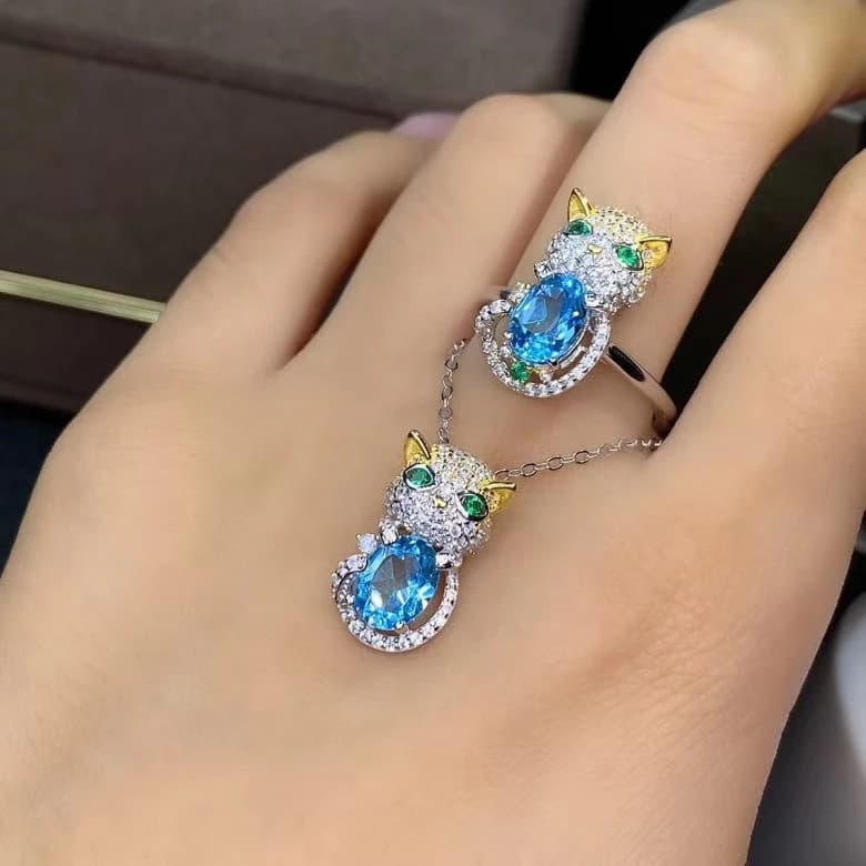 KJJEAXCMY Fine Jewelry 925 sterling silver inlaid natural blue topaz luxury cat Woman's new set Support test