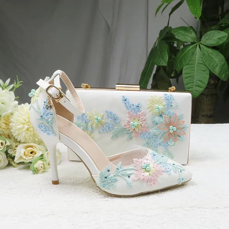 2020 nuova Estate Menta verde Del Fiore di cerimonia nuziale scarpe con i sacchetti di corrispondenza di Alta tacchi scarpe A Punta Cinturino Alla Caviglia Del Partito di scarpe e set borsa