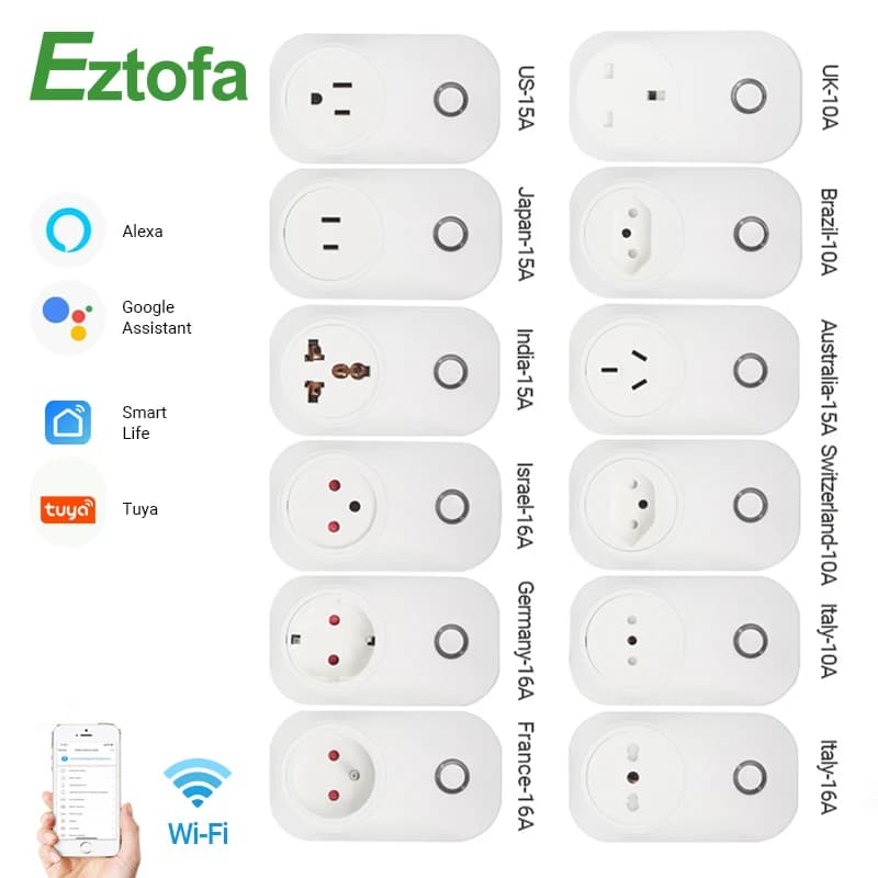 Tuya WIFI Presa Intelligente Spina Intelligente EU UK Swit AU BR FR JP Israele Ita ZA Spina 10A ~ 16A Telecomando Alexa Google Casa Energia Moni