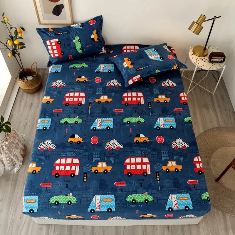 Bonenjoy Sheet on Rubber Band Kids Bed Sheet Cartoon Cars Printed Fitted Sheet for Boy Single Fitted Bed Sheet with Pillowcase