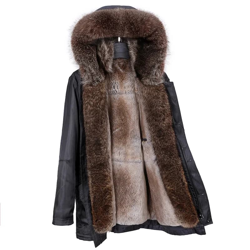 Nuovo cappotto da uomo 2020 con fodera in pelliccia di coniglio, modello pie-overcoming di media lunghezza con cappuccio e collo in pelliccia di procione.