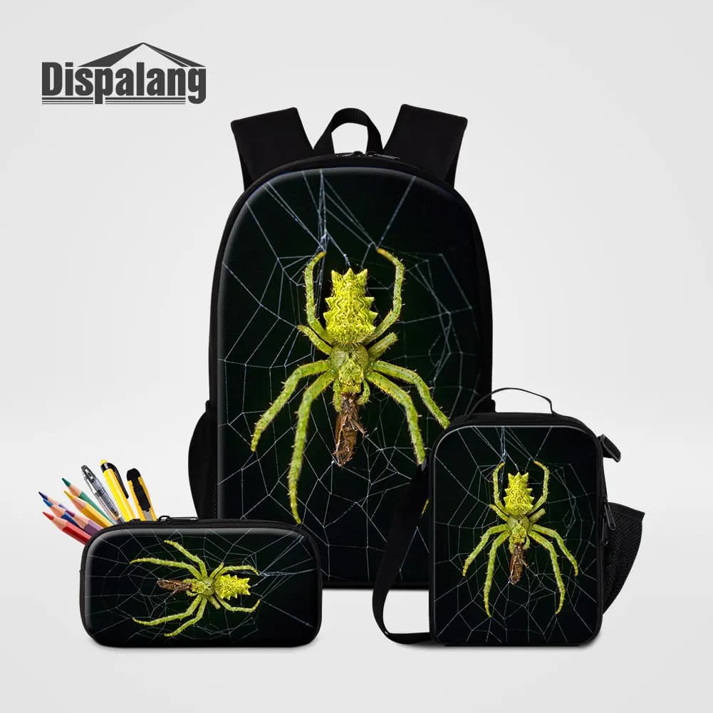 Spider Mantis Print School Backpack Set 3PCS with Pencil Case and Lunch Box,Fashion Travel Shoulder Bookbag for Student Children