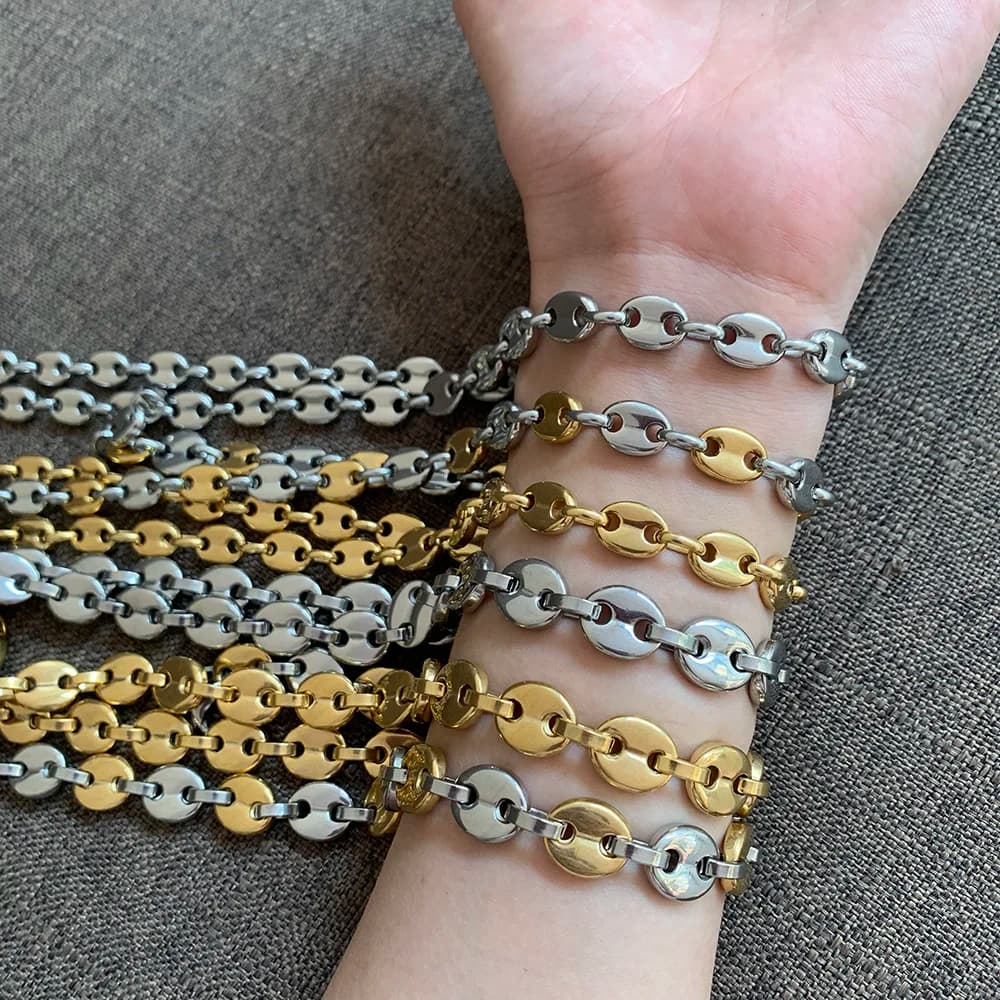 Coffee Bean Necklace Bracelet Stainless Steel Link Chains 8-11MM Handmade Jewelry Gold Color Gifts 7-34inch