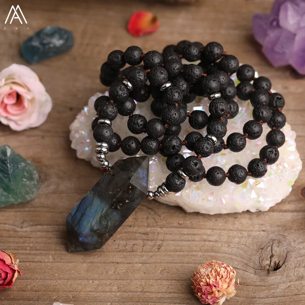 Naturale Flash Labradorite Pietra Doppio Punto Borda il Pendente 8 millimetri Perline di Lava Nera Annodato Mala Della Collana Per Le Donne Yoga Jewerly