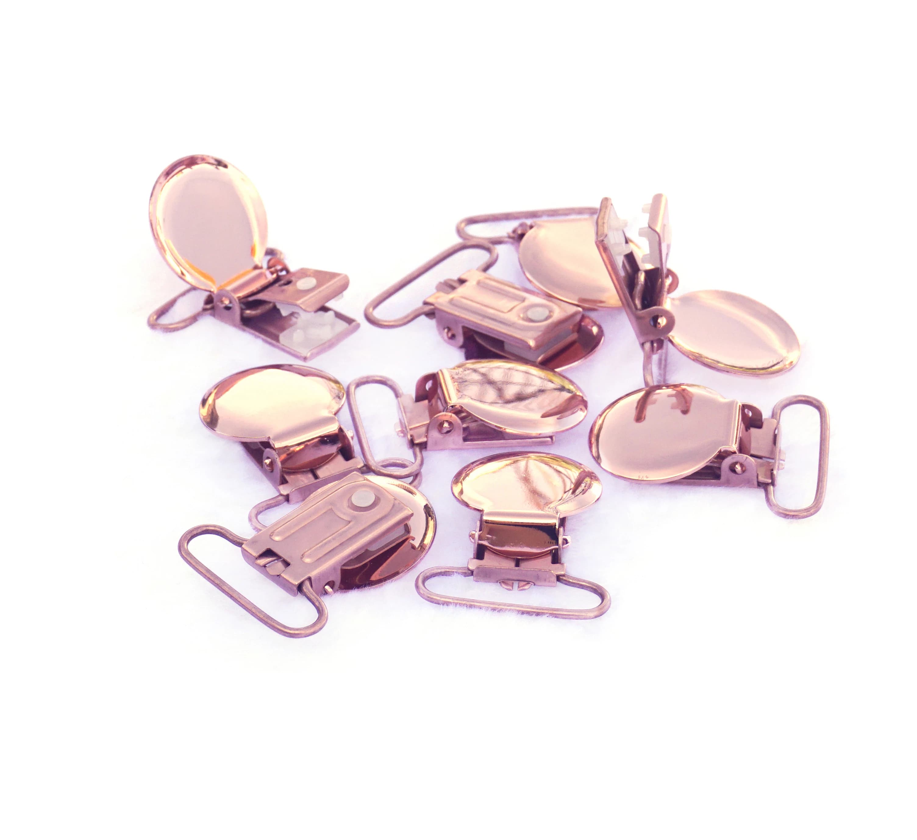 10Pcs Clip di bretelle per ciuccio di forma rotonda in oro rosa Clip per ciuccio per bambini Clip fittizia per neonato con inserto in plastica per nastro da 25mm