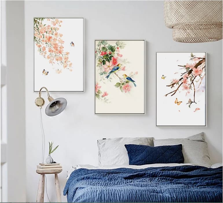 Chinese Style Simple Flower Butterfly Decorative Painting Modular Picture Wall Art Canvas Painting for Living Room Without Frame