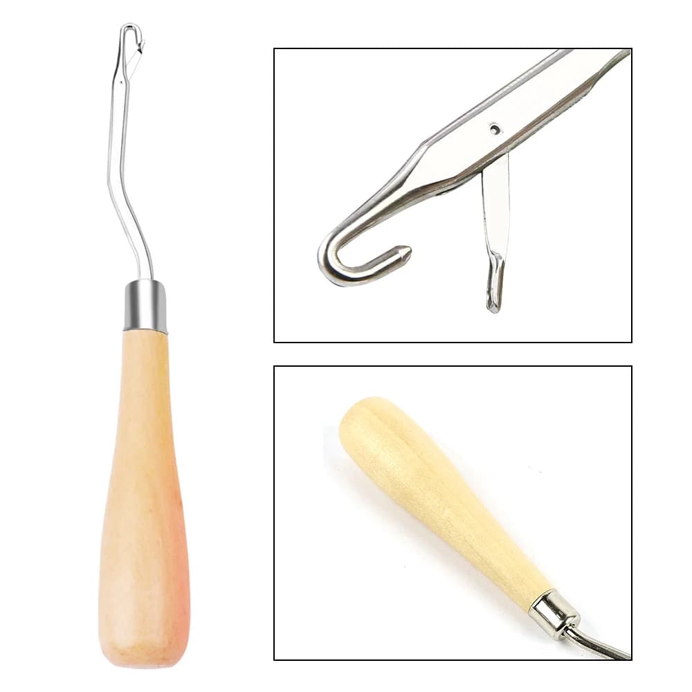 Uncinetto con manico in legno per dreadlock e intreccio capelli, riparazione tappeti, con strumento per tessitura a lingua