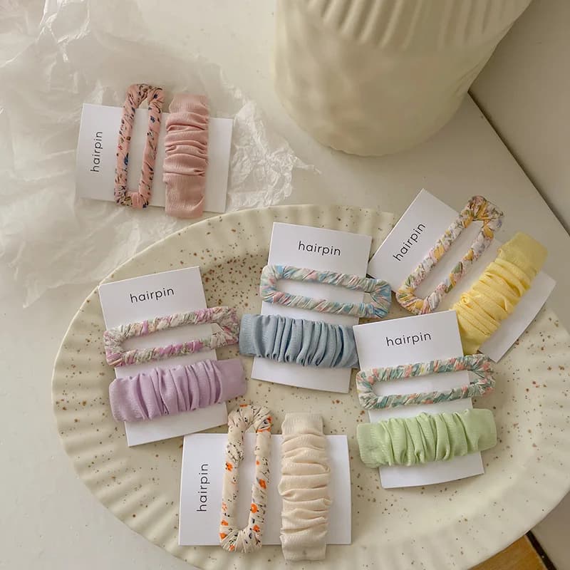 2 pezzi ragazze dolce stampa floreale tessuto Chiffon Bobby Pins piega rettangolo perni per capelli semplici fermagli per capelli Clip laterale barrette di moda