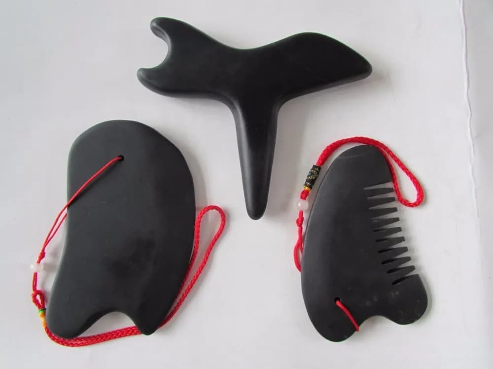 Scratching plates with natural stone needle Si Bin swallow tail massager for the body with stone comb cone Set of 3 pieces