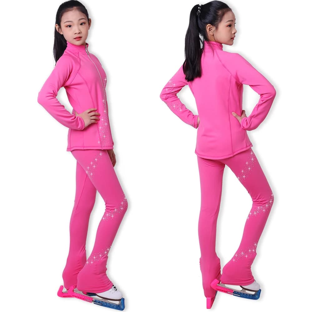 Pattinaggio di figura su ghiaccio Abiti eleganti Giacca Pantaloni Pantaloni Ragazza Donna Collant Abbigliamento da allenamento Tessuti elasticizzatiTop da ballo rosa Kid