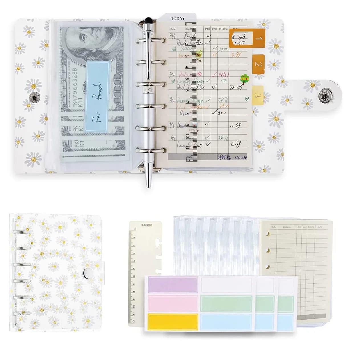 A7 Clear Daisy Binder Notebook Budget buste per contanti organizzatore Planner con tasche per raccoglitori, righello, carta di ricarica, adesivo per etichette