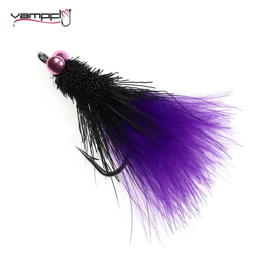 Vampfly 3pcs 1/0 # ottone Dumbell Bead Eyes Marabou Feather Streamer Fly Fast Sink Fly per trota Bass richiamo di pesca in mare viola