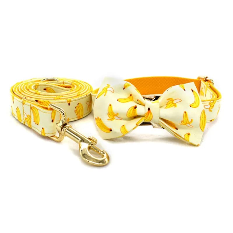 Collare per cani collare e guinzaglio per cani carino di design personalizzato Set collare per cani con papillon di banane gialle con fibbia dorata al guinzaglio abbinato