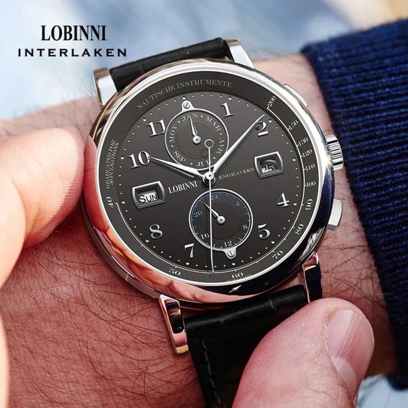 LOBINNI Nuovo orologio meccanico automatico di lusso di marca superiore da uomo cinturino in vera pelle orologi da polso maschili multifunzione