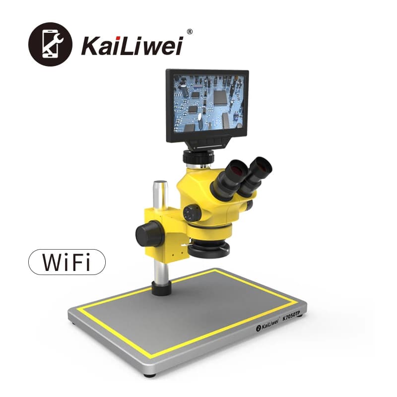 Telefono cellulare Kailiwei che ripara il microscopio Stereo trinoculare 7-50x 0.5xctv con funzione Wifi Monitor da 7 pollici