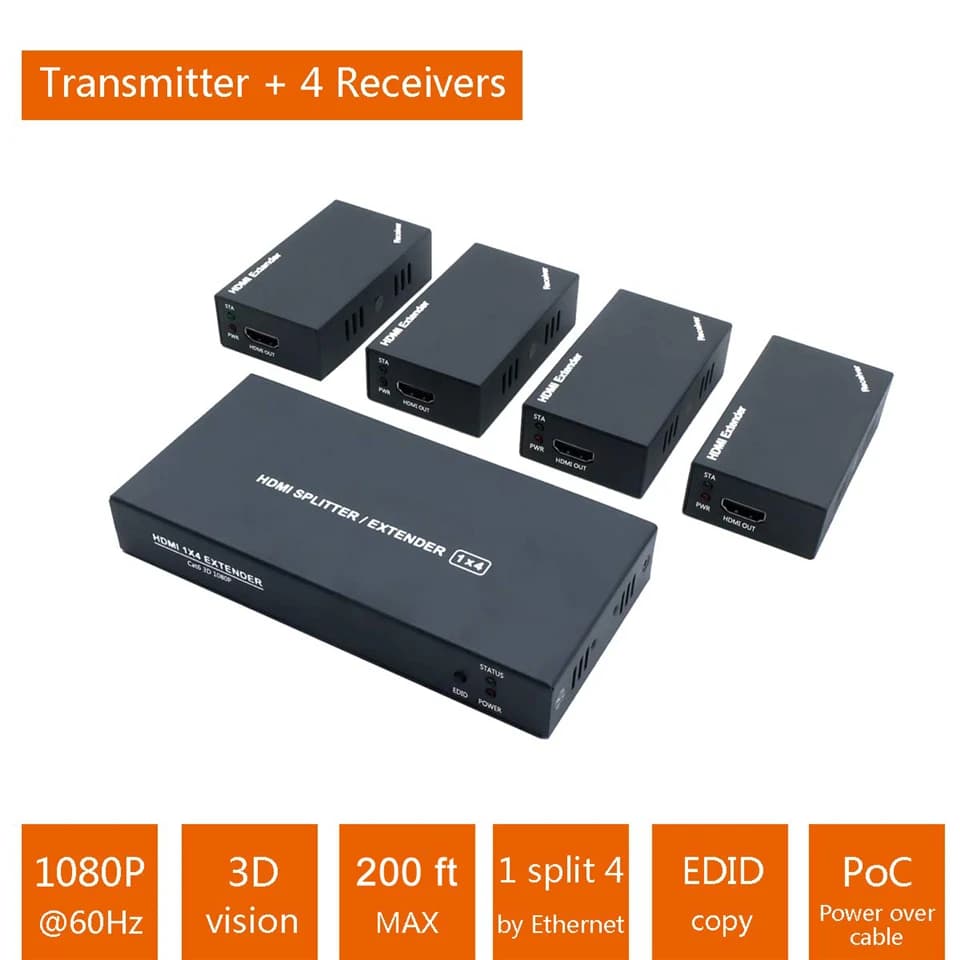 Splitter extender HDMI 1x4 1080p on Ethernet cable Cat5e/Cat6 with loop output - Up to 60 m - EDID management 1920*1080@60 Hz