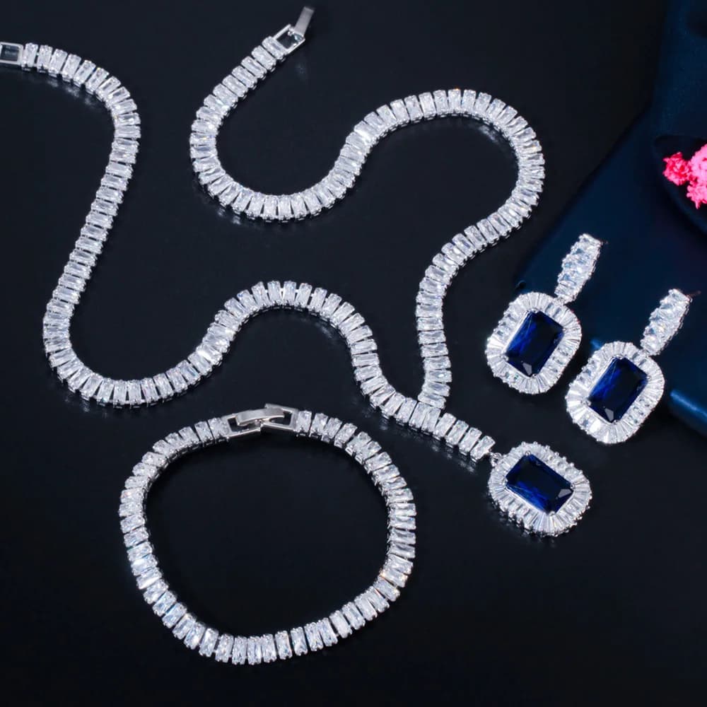 Pera Classic 3Pcs Engagement Wedding Party Square Crystal Jewelry Set Women Necklace Earrings Bracelet Jewellry Accessories J413
