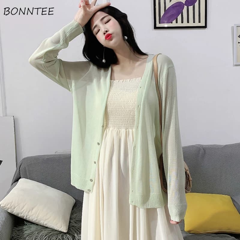 Cardigan woman slim summer sunscreen solid casual transparent sleeve long knitted sweaters woman simple Korean style loose new