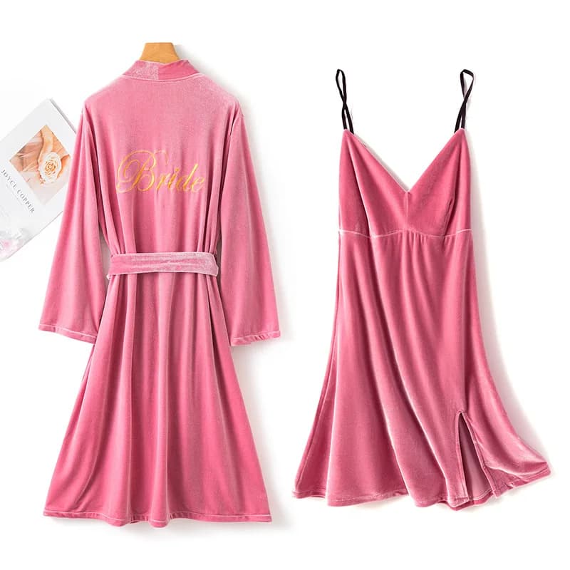 Lettera del ricamo 2PCS Indumenti da notte Velluto Sposa Abito da sposa Set Donna Scollo a V Accappatoio Abito in velluto Set da notte Set da notte e vestaglia