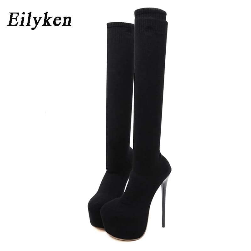 Eilyken 17CM Tacchi con plateau Donna Stivali invernali sopra il ginocchio Donna Maglia nera Punta tonda Calzini lunghi alti alla coscia Scarpe da donna