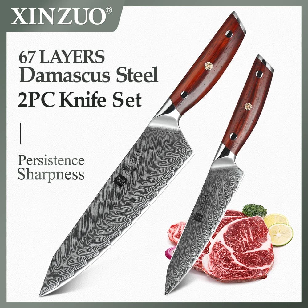 XINZUO 2 PCS Kitchen Knives Set Damascus Steel High Carbon Japanese Stainless Steel 8.5+5 inch Chef Utility Knife Cooking Tools
