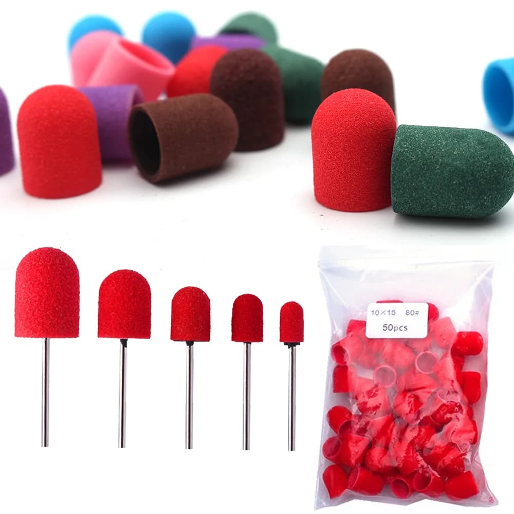 50 pcs red plastic abrasive caps accessories for nail drill abrasive tapes for chuck block removal gel care of the cuticle foot