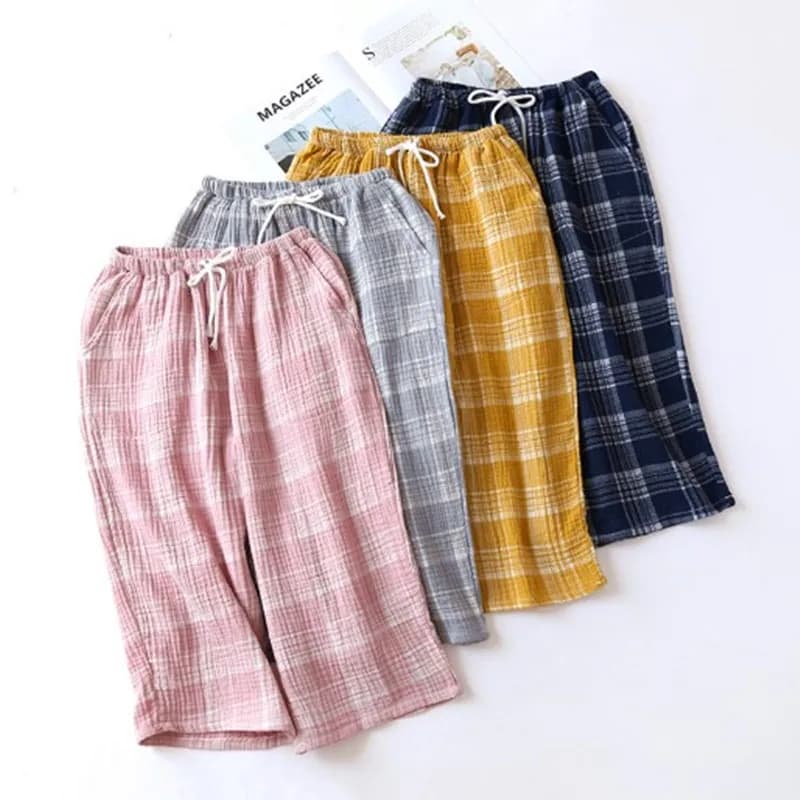 Pantaloni da notte larghi pantaloni corti estivi moda plaid lounge wear pantaloni da pigiama pantaloni da casa da donna in garza di cotone di grandi dimensioni