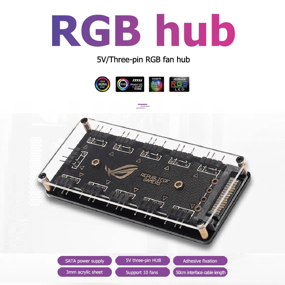 10 porte RGB Fan HUB PC Computer Desktop 5V 3pin ARGB Extension Splitter adattatore di alimentazione SATA per Gigabyte MSI ASUS