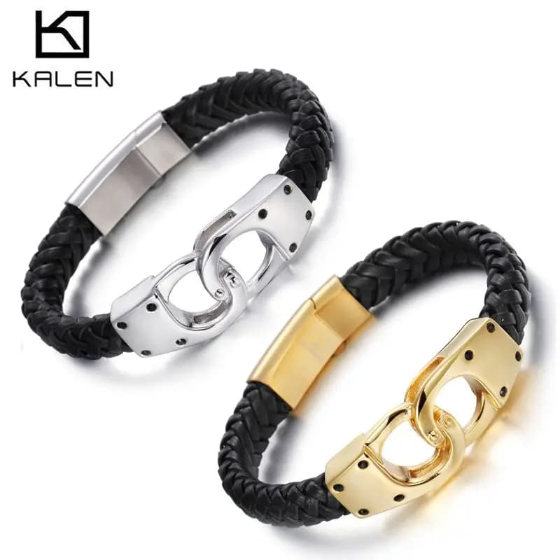 Kalen Italiano di Colore Dell'oro Manette Bracciali In Pelle Per Gli Uomini di Moda In Acciaio Inox 22 CENTIMETRI A Buon Mercato Bracciali In Pelle Intrecciata Gioielli