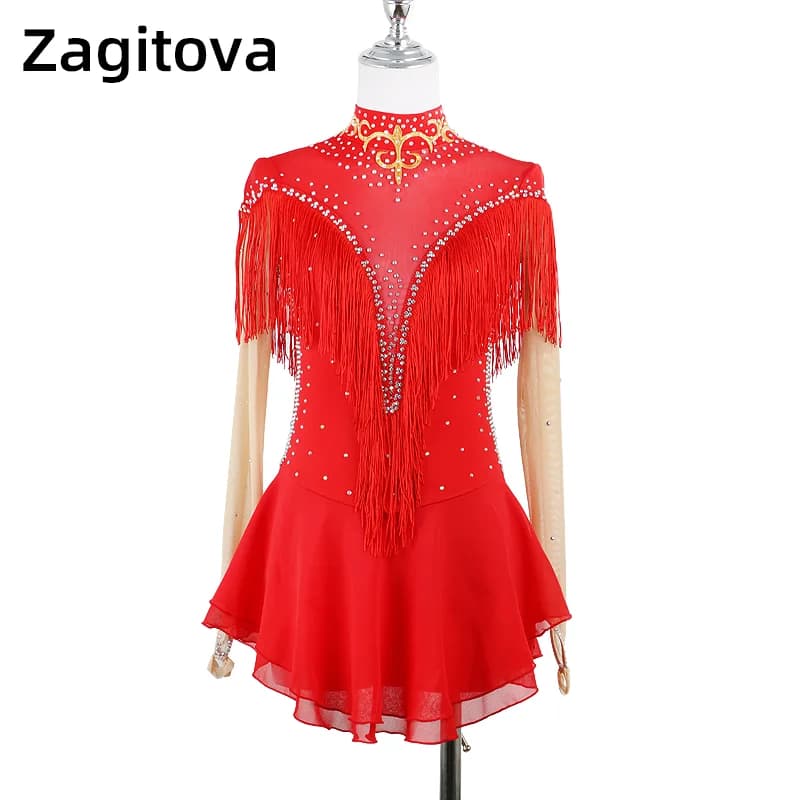 ZAGITOVA Abito da pattinaggio di figura Donna Ragazza Manica lunga Gonna da pattinaggio su ghiaccio Gonna in rete con strass lucidi Nappe splendide