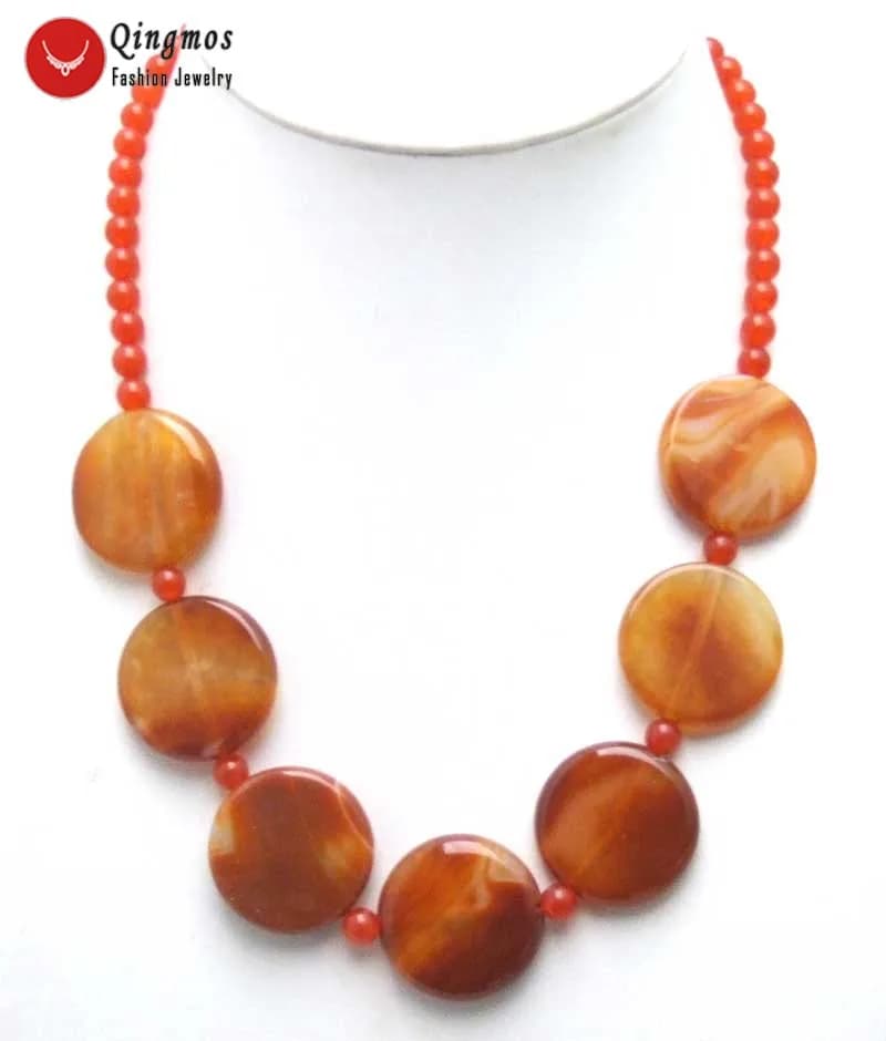 Qingmos 28mm Coin Round Natural Red Agate Pendant Necklace for Women with 6mm Natural Red Jades Stone Long Necklace 20" Jewelry