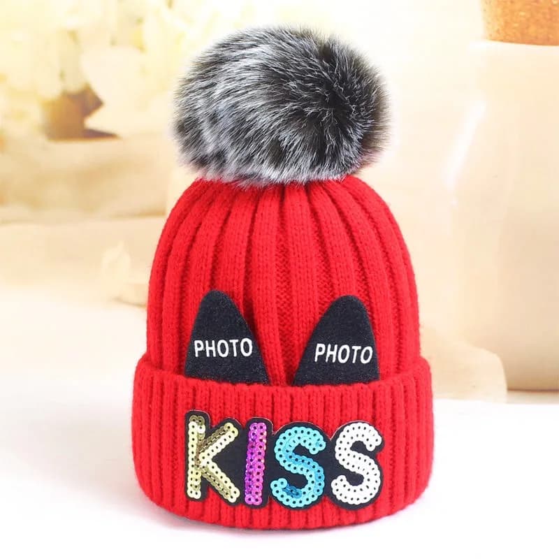 Warm hats for children in autumn and winter 1-3 years old boy and girl baby cute kiss pattern and velvet thick pullover hat fash