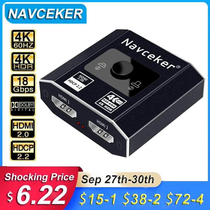 Navceker HDMI 2.1 Splitter Switch 8K 60Hz 4K 120Hz 2 in 1 out for Xiaomi Xbox SeriesX PS5HDMI Cable Monitor HDMI 2.1 Switcher