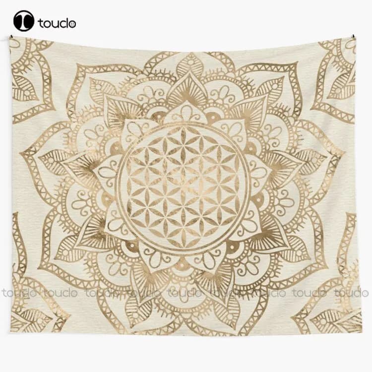 Flower Of Life In Lotus - Pastel Golds And Canvas Tapestry Aesthetic Tapestry Blanket Tapestry Bedroom Bedspread Decoration