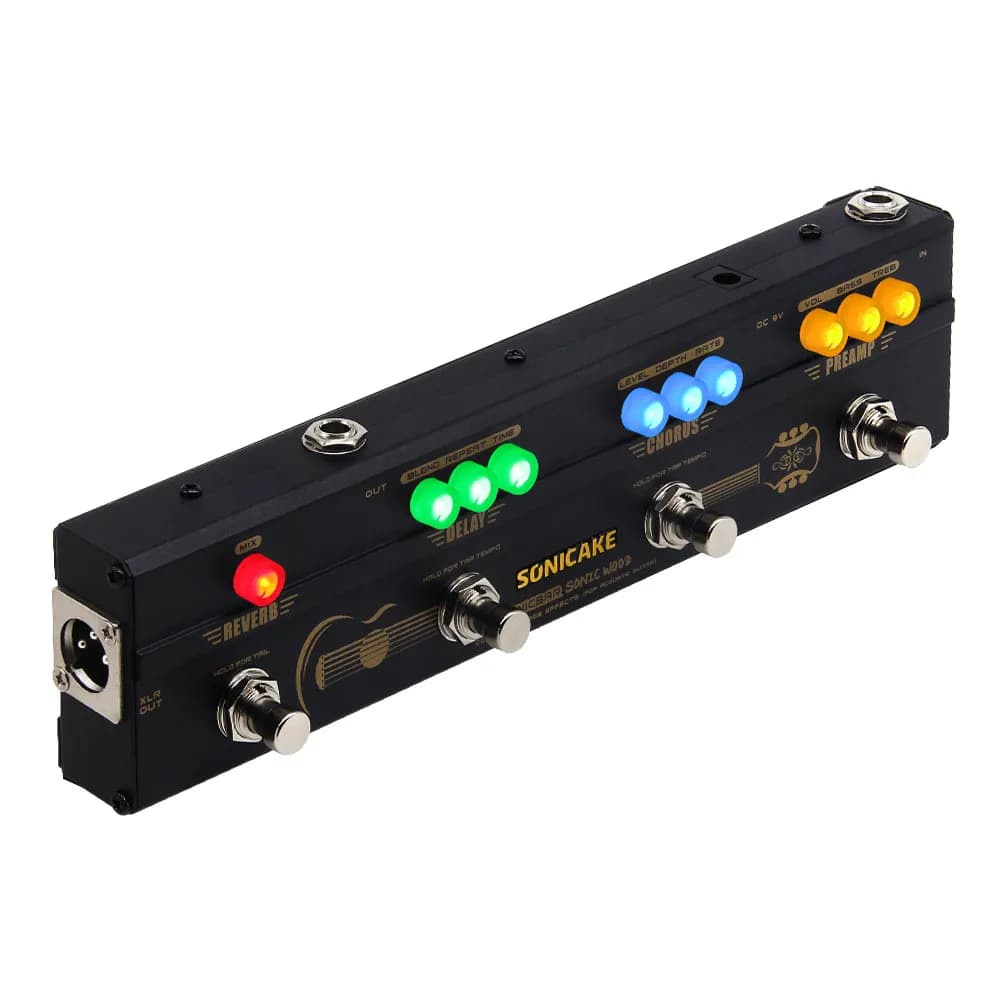 SONICAKE Pedale per Chitarra Acustica in Legno, Preamplificatore DI Box, Multi Effetti Chorus Delay Reverb con Uscita XLR QCE-50