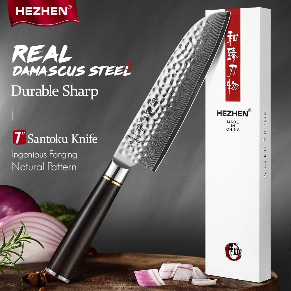 HEZHEN 7 Inch Santoku knife Japanese professional kitchen knife Damascus VG Steel cutting tools for meat Kitchen knife Stainless steel