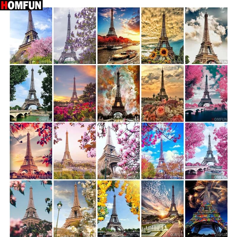 HOMFUN Pieno Quadrato/Rotondo Trapano 5D Pittura Diamante DIY "Torre Eiffel Parigi" 3D Diamante Ricamo Punto Croce Complementi Arredo Casa Regalo