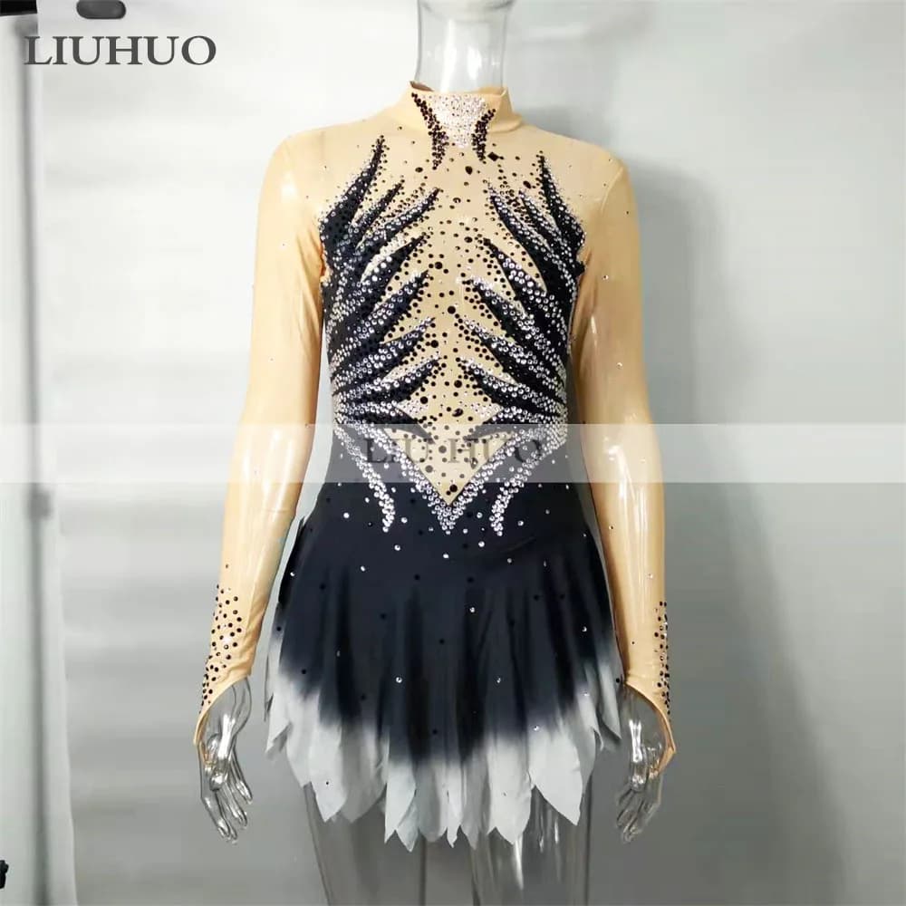 LIUHUO abito da pattinaggio artistico su ghiaccio per ragazza da donna prestazioni da competizione Costume a maniche lunghe danza body gonna gradiente grigio adulto