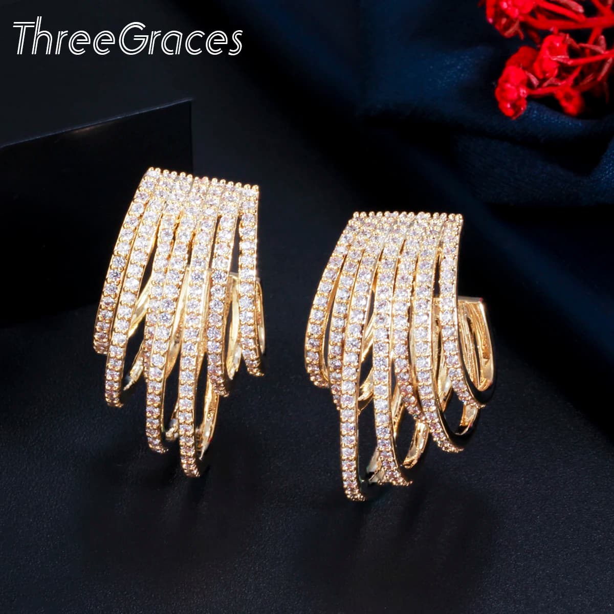 ThreeGraces Brilliant Cubic Zirconia Yellow Gold Color 7 Layers Round Circles Hoop Earrings for Women Trendy Party Jewelry ER529