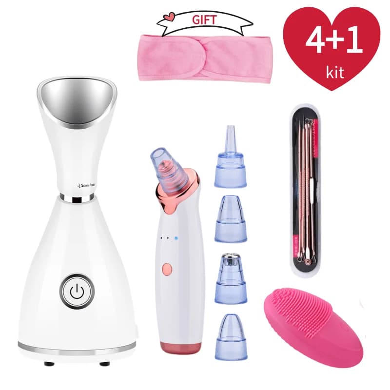 Vaporizzatore viso nano ionico Vaporizzatore viso caldo Rimozione punti neri Aspirapolvere Scrubber pelle Spazzola per pulizia viso in silicone Set per la cura della pelle