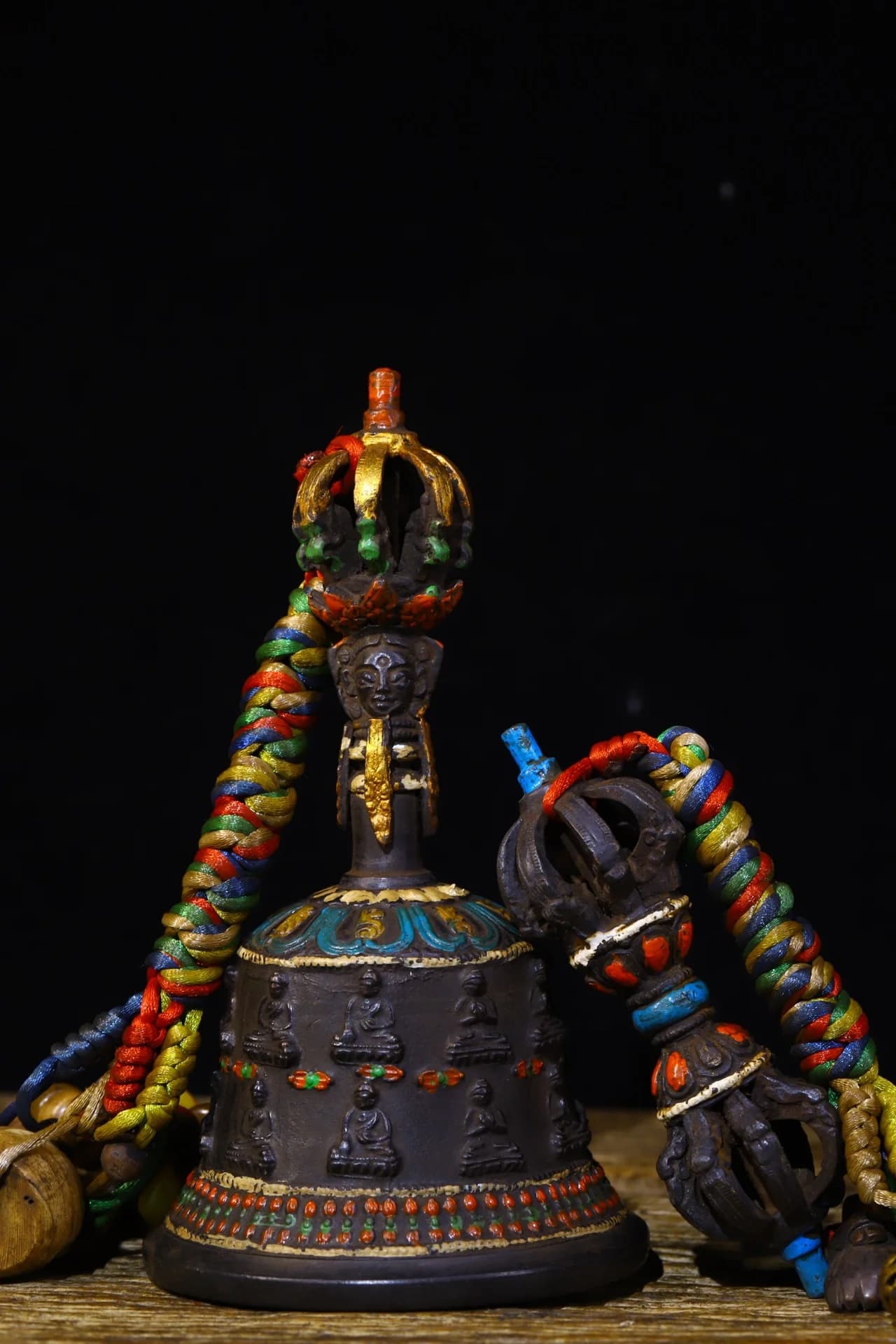 8"Tibetan Temple Collection Old Bronze Painted Shakyamuni Pattern Old Rattle Bells Vajra A Set Amulet Town House Exorcism