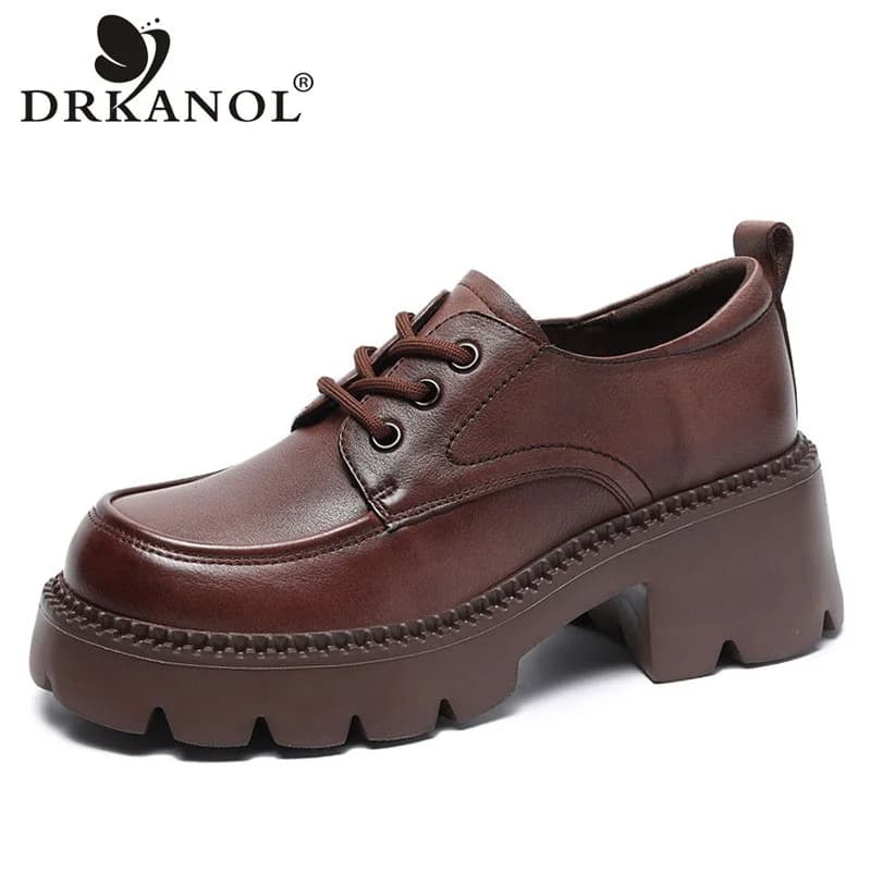 DRKANOL 2026 Spring Handmade Thick-soled Women Shoes Retro Genuine Leather Thick High Heel Chunky Platform Casual Shoes Female