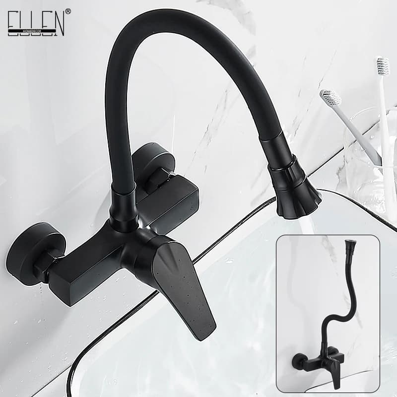 ELLEN montaggio a parete rubinetto per lavello da cucina miscelatore per acqua calda e fredda rubinetto 2 fori rubinetti neri girevole a 360 gradi ELK5400